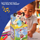 Polka Puppy Jack in the Box Classic Childrens Musical Toy that Dances Colorful Embossed Tin Box and Lovable Puppy Plush Age 18 months and Up