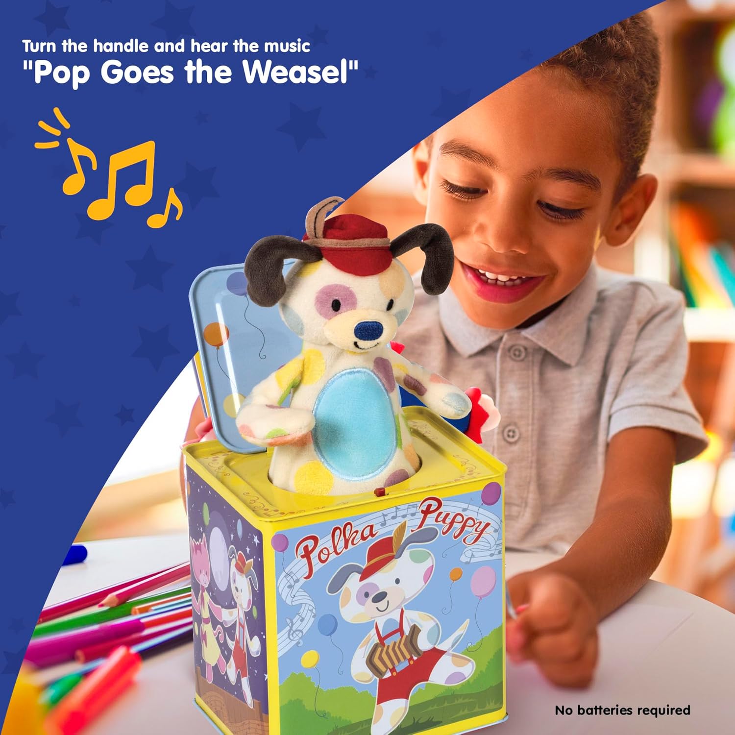Polka Puppy Jack in the Box Classic Childrens Musical Toy that Dances Colorful Embossed Tin Box and Lovable Puppy Plush Age 18 months and Up