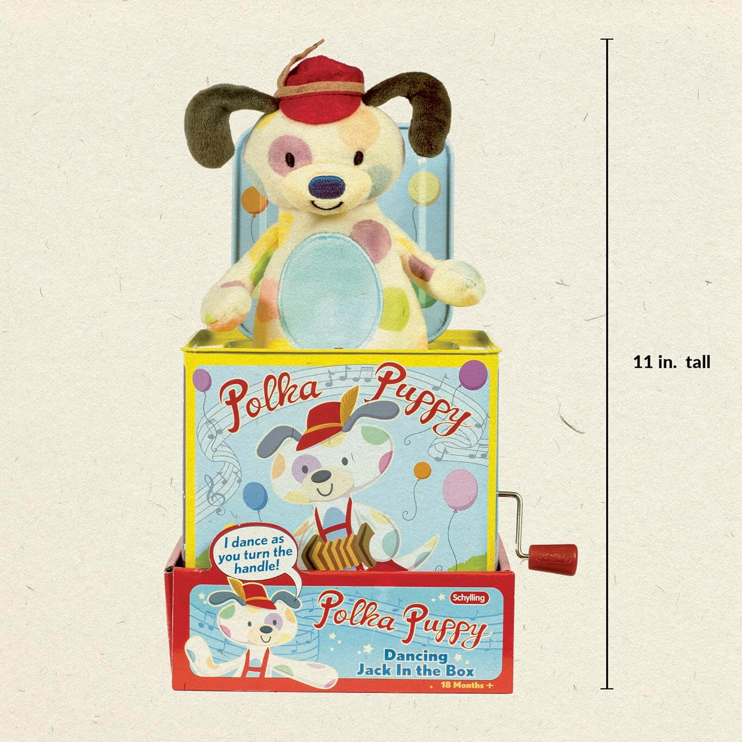 Polka Puppy Jack in the Box Classic Childrens Musical Toy that Dances Colorful Embossed Tin Box and Lovable Puppy Plush Age 18 months and Up