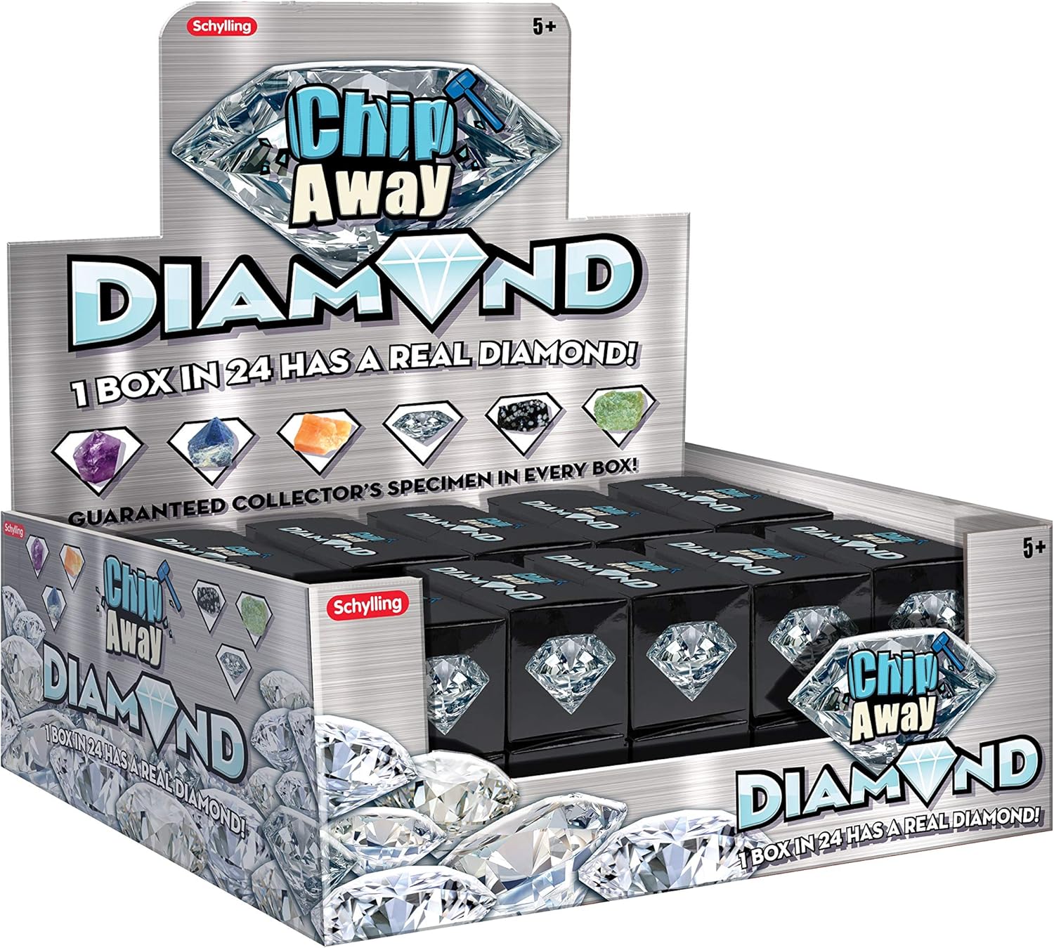 Chip Away Diamond Gemstone Dig Kit with Collectible Specimens Inside 1 in 24 Contains a Real Diamond Includes Miniature Hammer Chisel and Brush Ages 5 and Up One Box