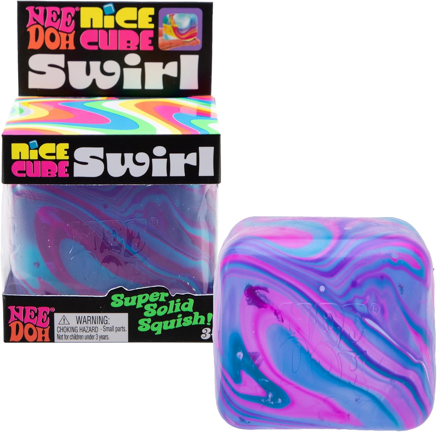 NeeDoh Nice Cube Swirl Sensory Toy with a Super Solid Squish Unique Swirling Color Blend Ages 3 and Up Purple Blue One Cube Per Pack