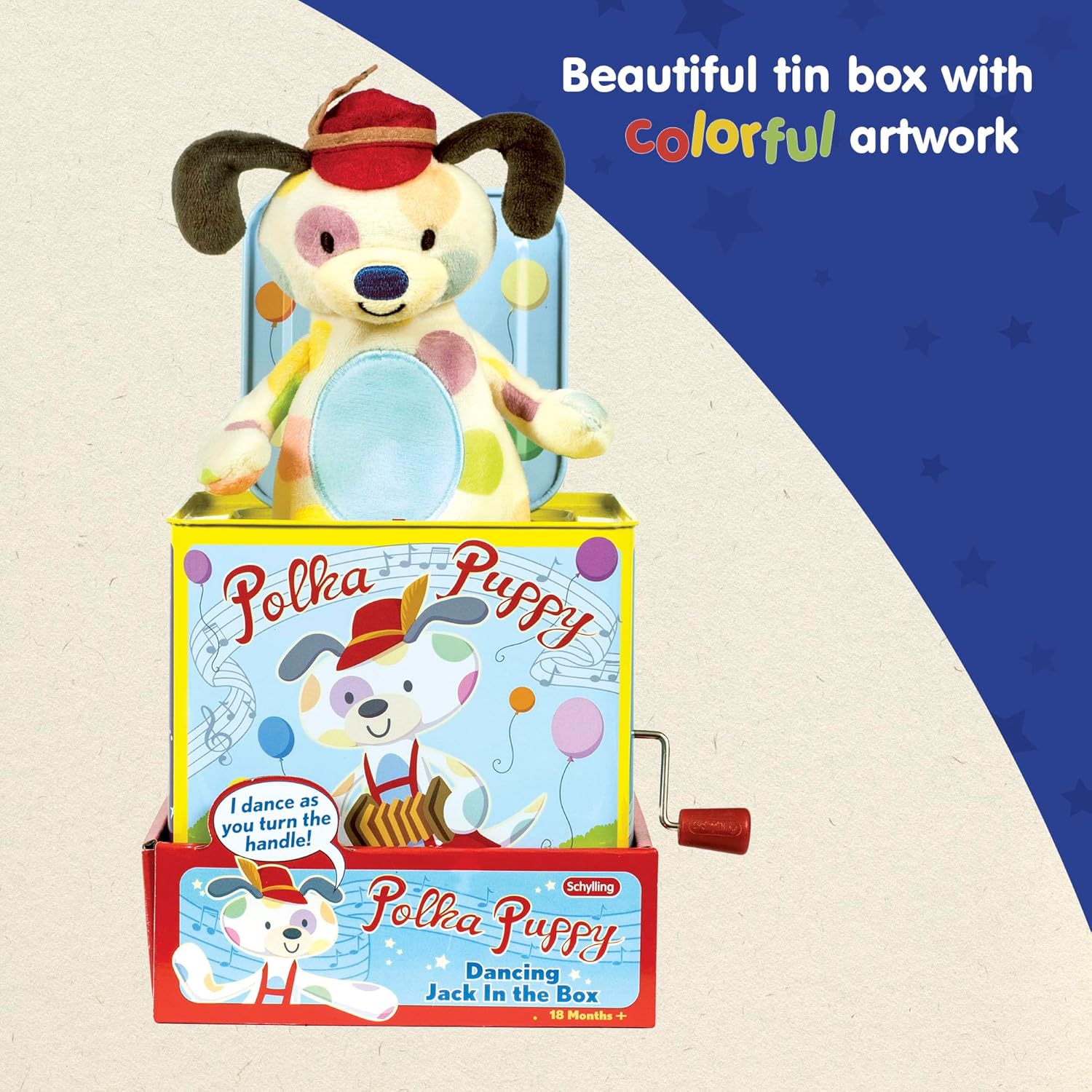 Polka Puppy Jack in the Box Classic Childrens Musical Toy that Dances Colorful Embossed Tin Box and Lovable Puppy Plush Age 18 months and Up