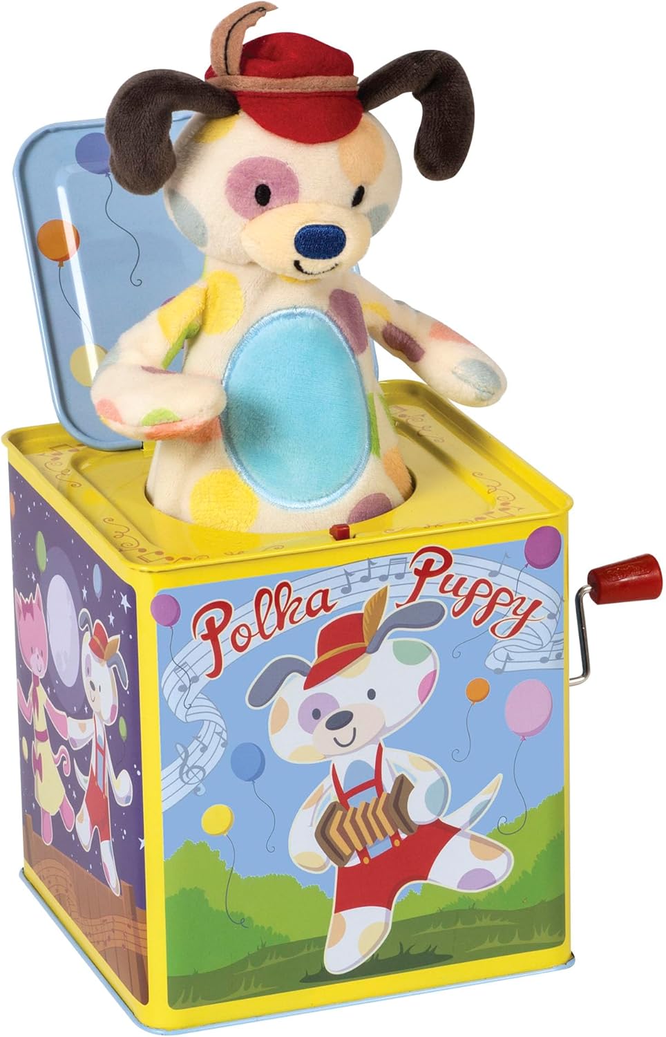 Polka Puppy Jack in the Box Classic Childrens Musical Toy that Dances Colorful Embossed Tin Box and Lovable Puppy Plush Age 18 months and Up