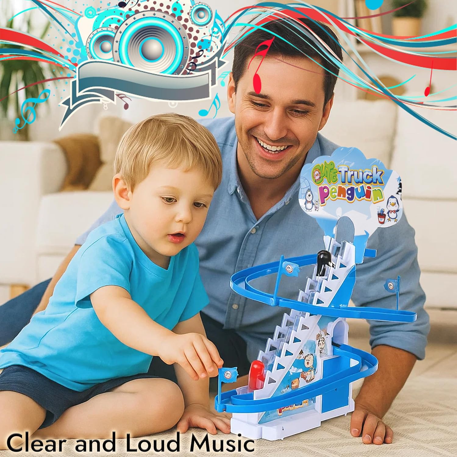ARSUK Penguin Race Game Toy Playful Musical Roller Coaster Track Playset with Music LED Flashing Lights On Off Button for Toddlers and Kids Gift