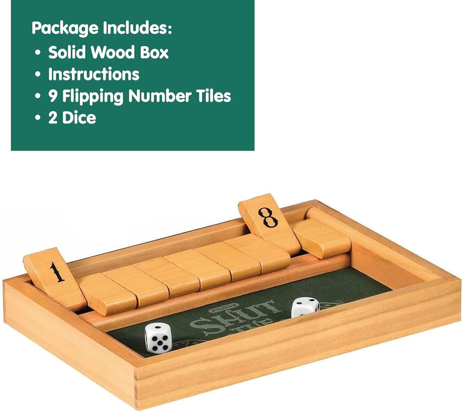 Shut the Box Family Game of Strategy and Chance Includes Collectible Wooden Game Box Felt Bottom Rounded Dice and Detailed Instructions Ages 6 and Up