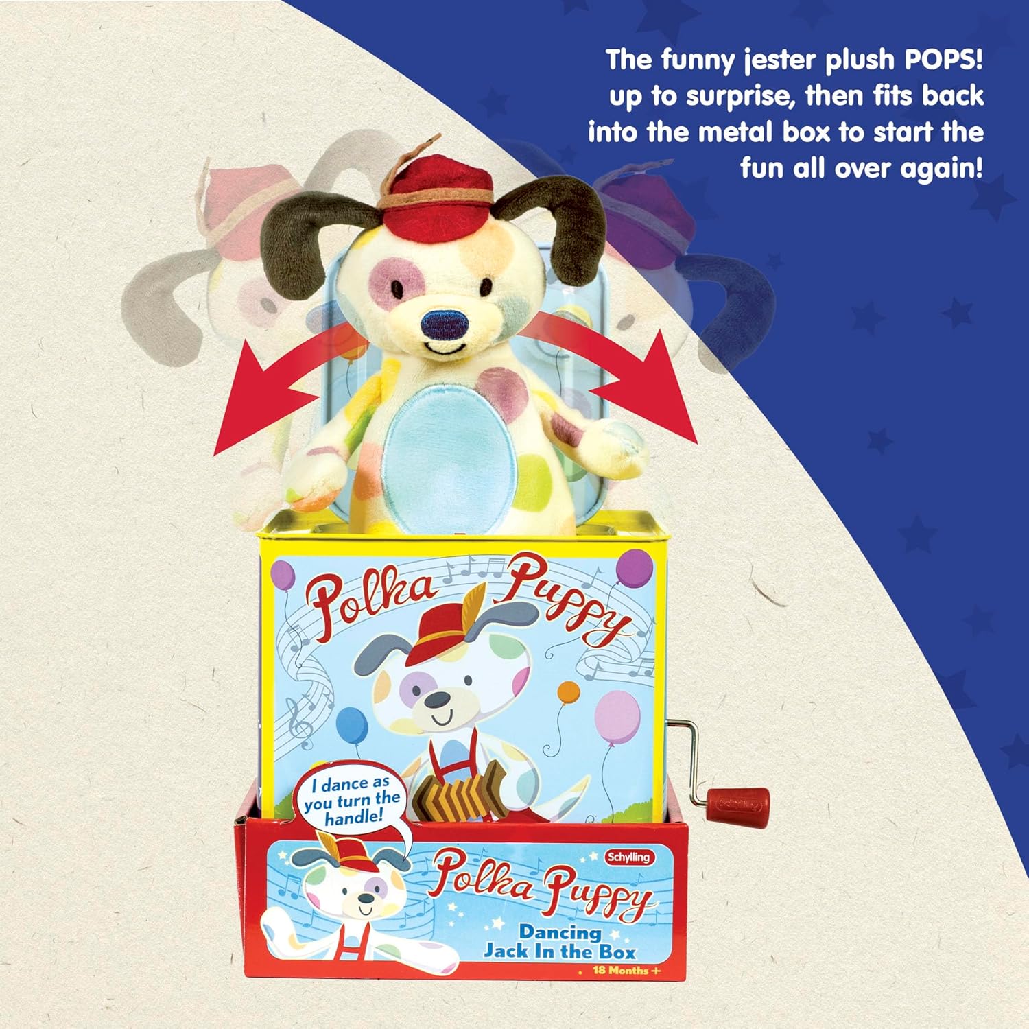 Polka Puppy Jack in the Box Classic Childrens Musical Toy that Dances Colorful Embossed Tin Box and Lovable Puppy Plush Age 18 months and Up